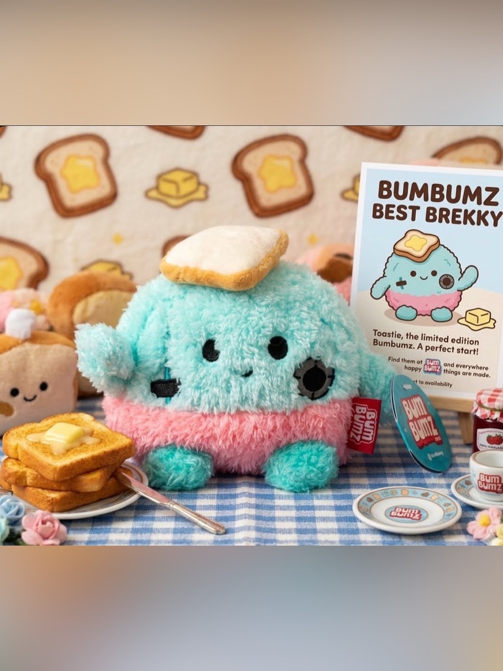 4.5 Bum Bumz. Plush Mint & Pink Stuffed Animal with Toast Accent